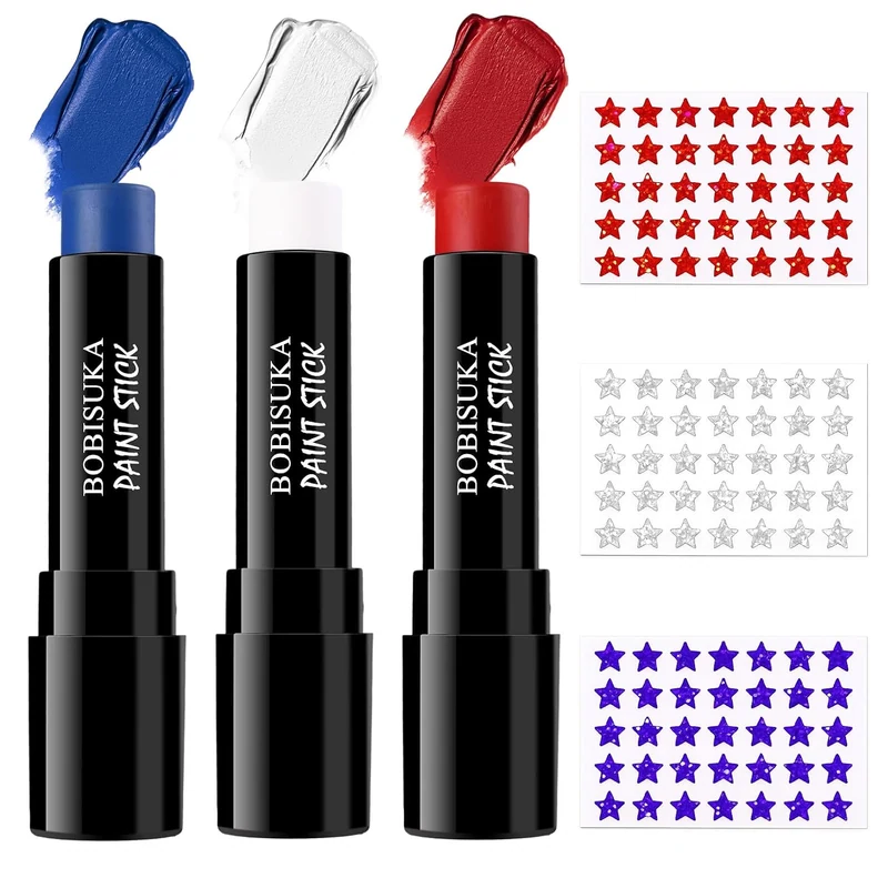 Red White Blue Face Paint Stick Set with 3 Glitter Star Sticker