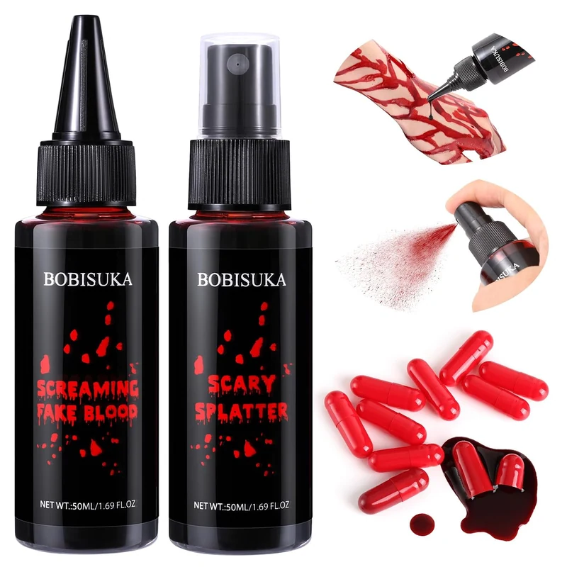 Halloween Fake Blood Kit, 1.76oz Blood Spray + 1.76oz Dripping, 10 Fillable Empty Capsules