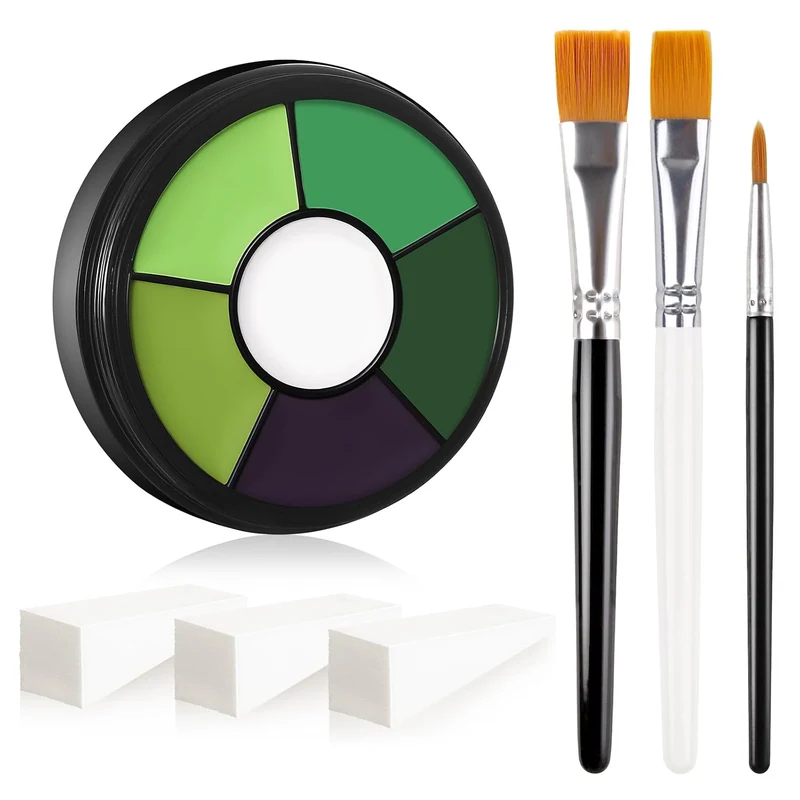 Green Cream Face & Body Paint Palette Kit with 3 Brushes 3 Sponges