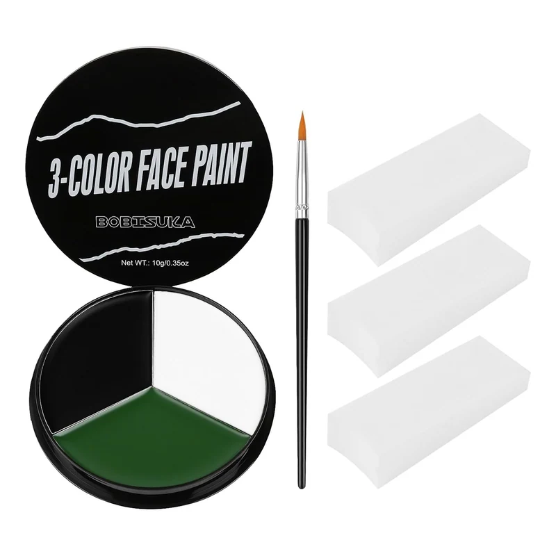 White Black Green Face Paint + 3PC Sponge + Brush Body Paint Set