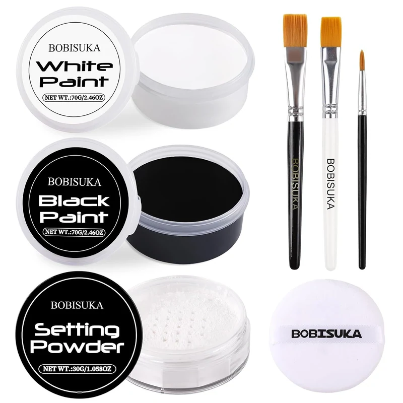 Black & White Face Body Paint + Setting Powder + 3PCS Artist