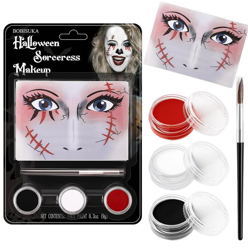 White Black Red Face Paint Clown Sorceress Halloween Makeup Kit