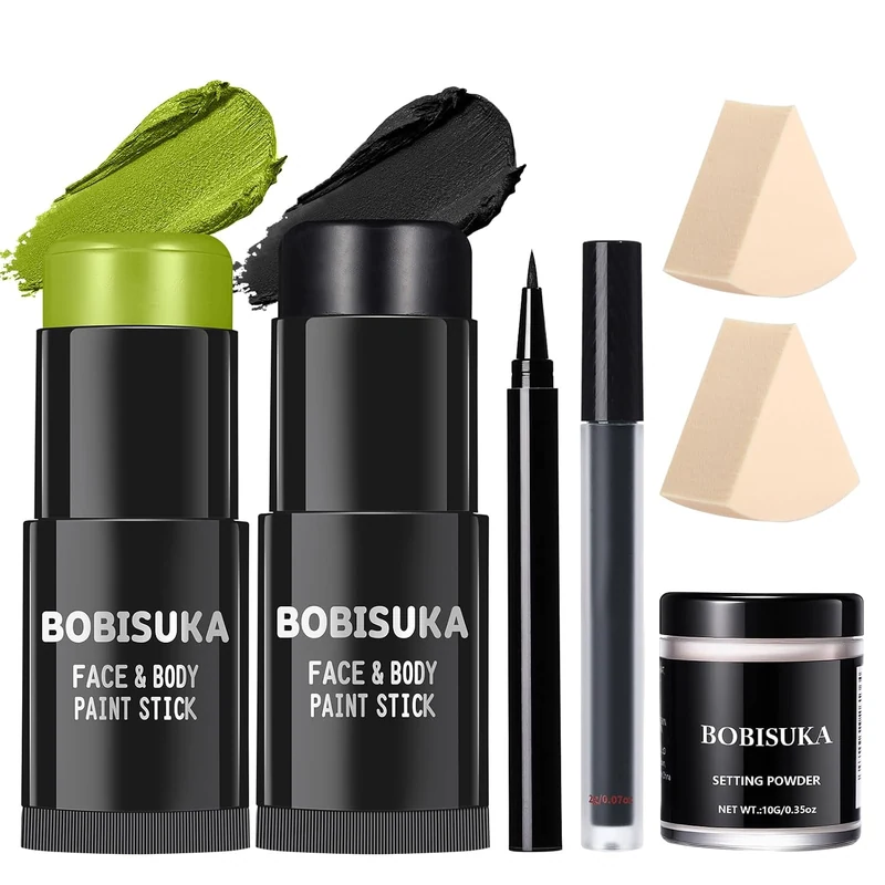 Light Green & Black Face Body Paint Stick Kit with Black Lipstick