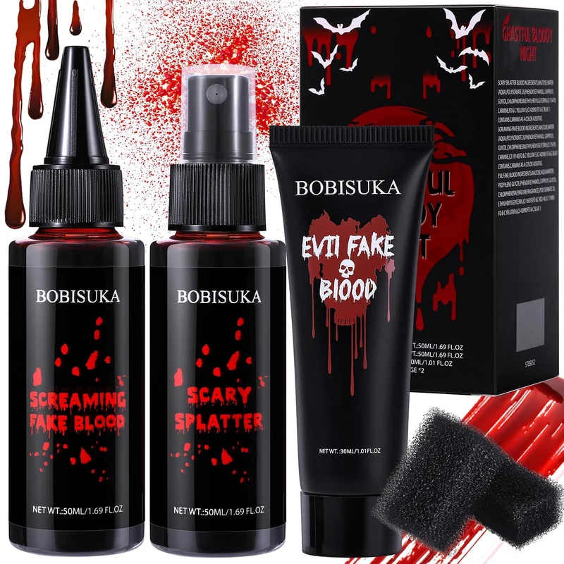Halloween Fake Blood Kit, 1.76oz Blood Spray + 1.76oz Dripping, Gel + 2 Sponges