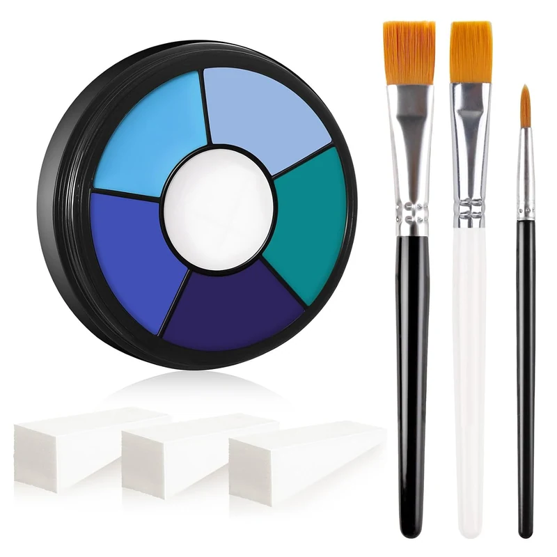 Blue Cream Face & Body Paint Palette Kit with 3 Brushes 3 Sponges