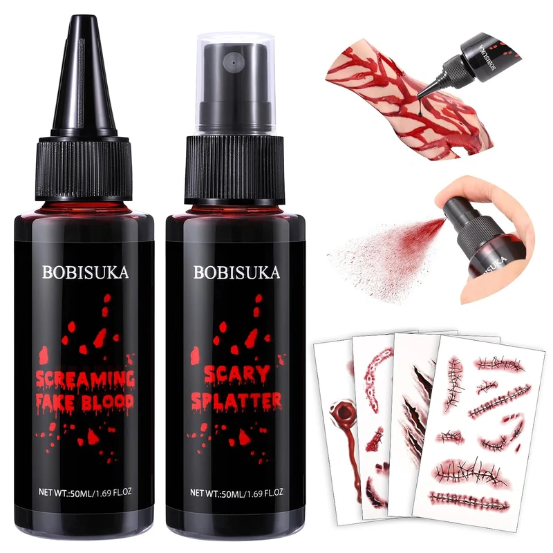 Halloween Fake Blood Kit, 1.76oz Blood Spray + 1.76oz Dripping, 4 Scar/Wound Face Tattoos